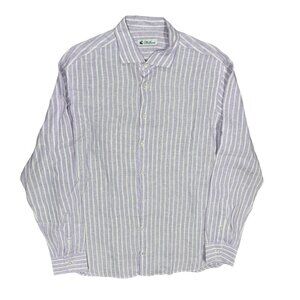 Willaim 100% Linen Dress Shirt Purple Striped Long Sleeve Made in Italy 18" XXL